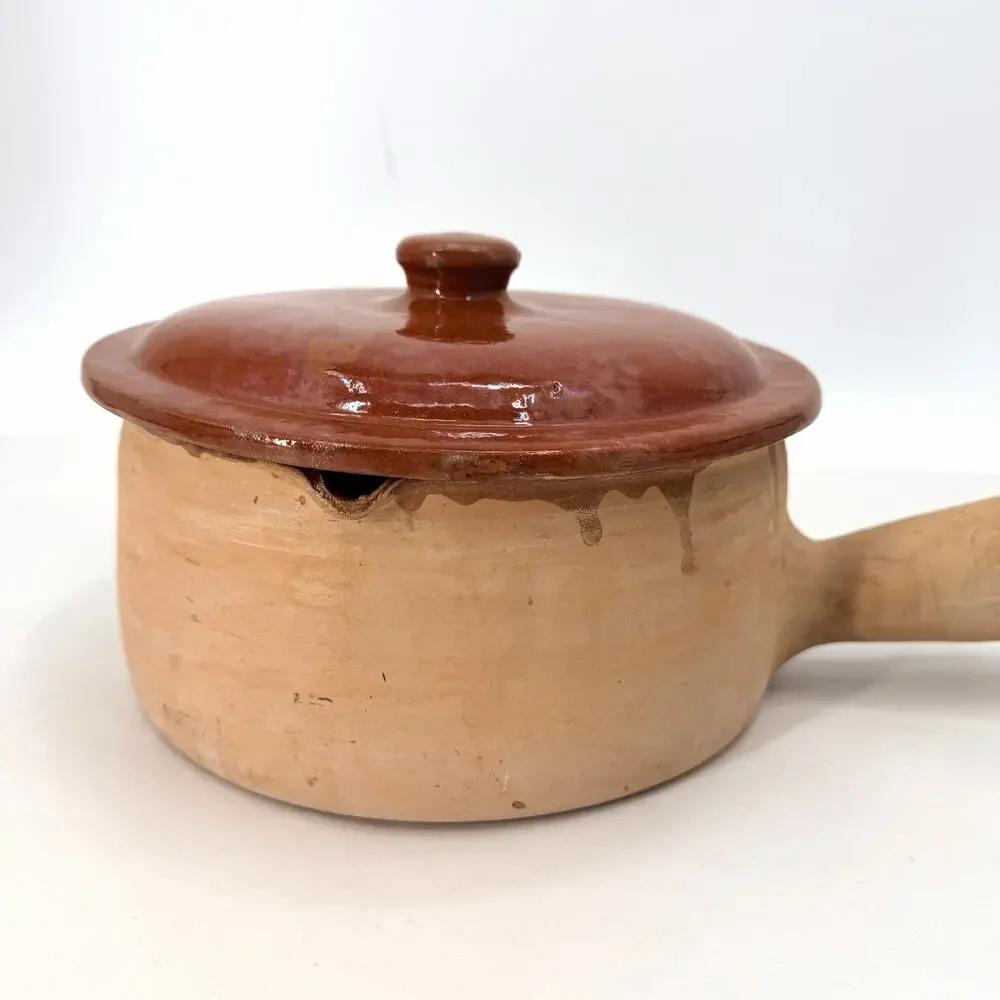 Vintage French Clay Pottery Rustic Terracotta Cooking Pot with Lid